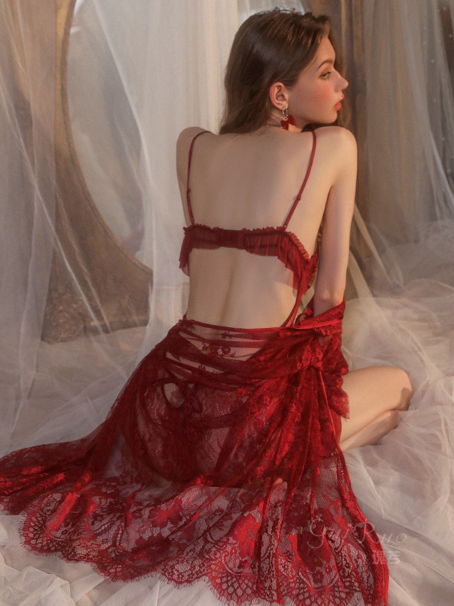 Sexy Backless Mesh Pajamas Deep V Suspender Nightdress Home Suit